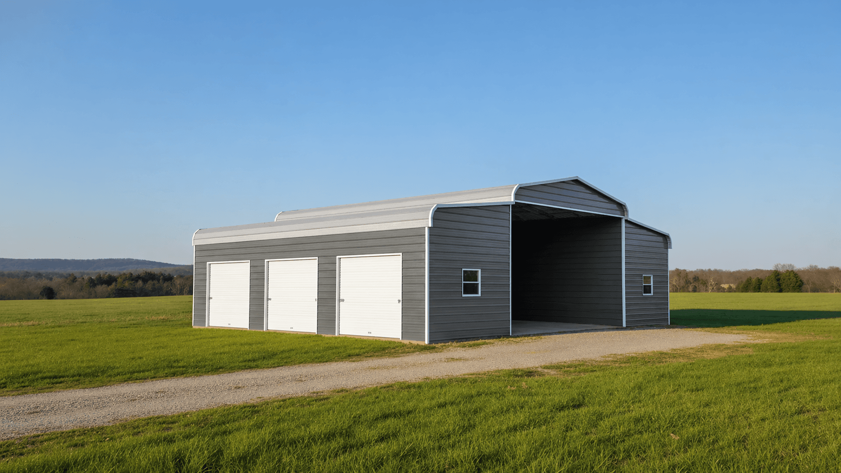 Horse barn regular roof style. Main unit 24' wide x 20' long and 13' tall