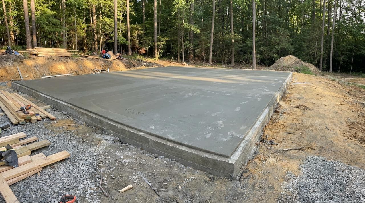Fresh concrete slab prepared for a metal building